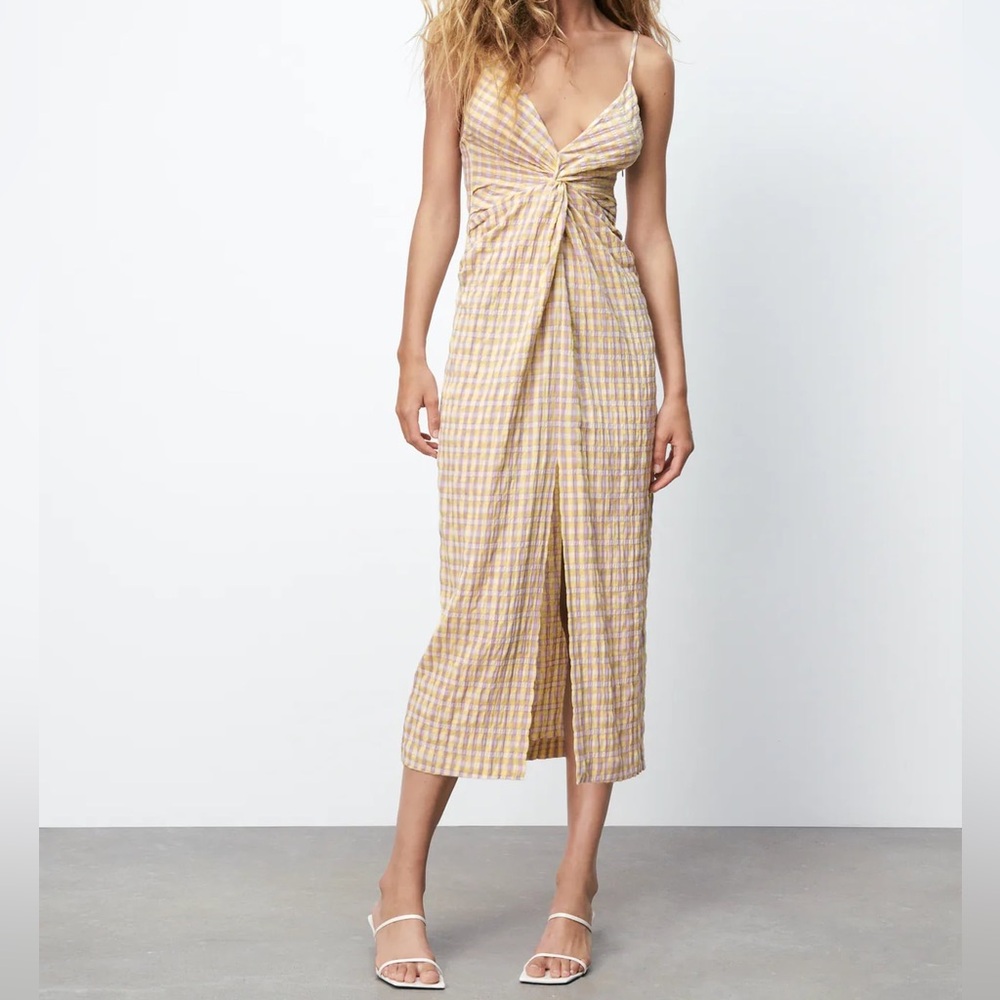 Zara Beige Checkered Backless Dress
